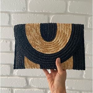 Natural raffia stripped rectangular clutch